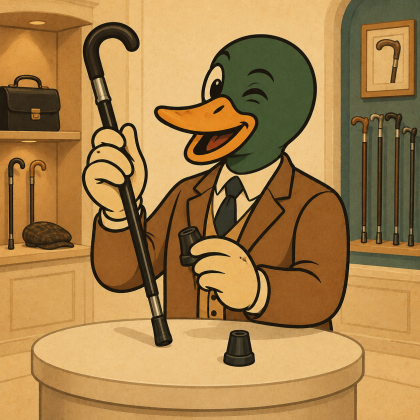 Mascotte anatra mostra un bastone e il relativo puntale in gomma