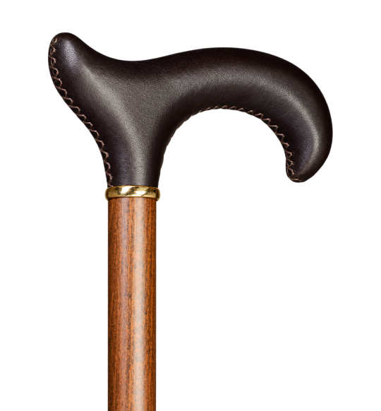 Manico Derby in pelle moka cucita a mano, anello in ottone e asta in faggio marrone