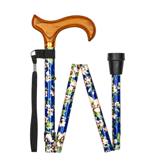 Bastone pieghevole William Morris – fiori blu e manico legno – vista ripiegata su fondo trasparente