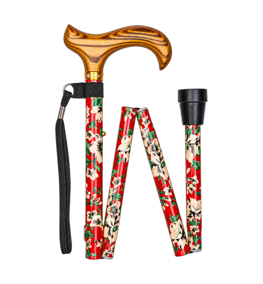 Bastone pieghevole William Morris rouge – manico Derby legno – vista ripiegata su fondo trasparente