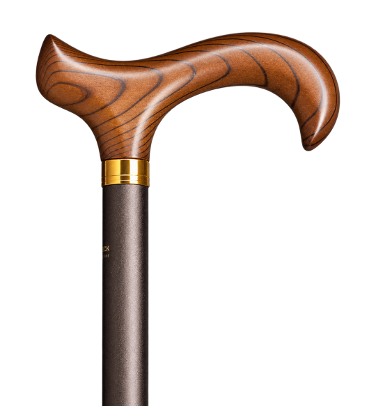 Bastone Gastrock con manico Derby in legno marrone e anello in ottone su fondo trasparente