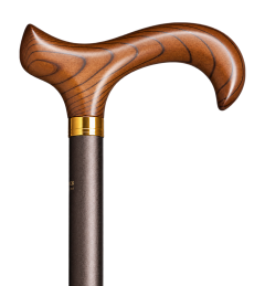 Bastone Gastrock con manico Derby in legno marrone e anello in ottone su fondo trasparente